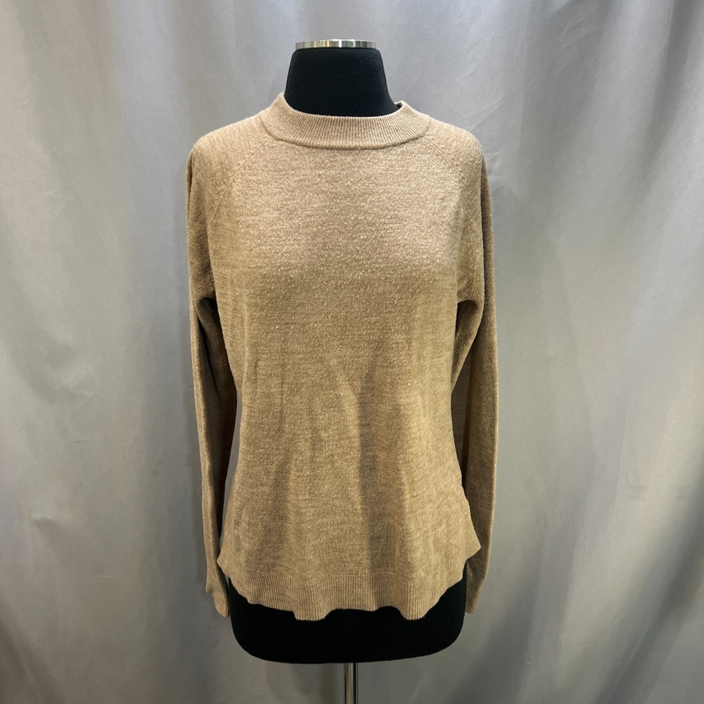 Karen Scott Sweater Womens L Beige Back Zip Ribbed Trim Raglan Sleeve Mock Neck